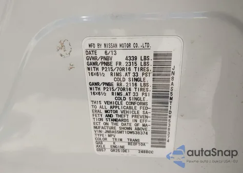 2013 Nissan Rogue S z USA, uszkodzony, nr VIN JN8AS5MT1DW538374